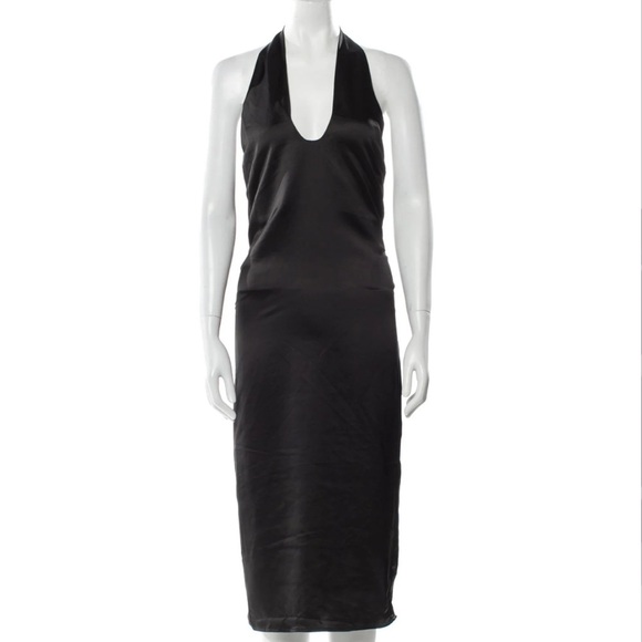 Jason Wu Black Satin Plunging Neckline Halter Midi Dress NWT - Picture 2 of 10